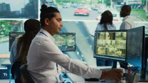 Male security operator watches multiple live feeds from various locations, demonstrating active CCTV monitoring.