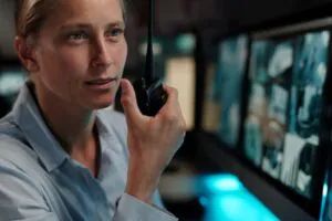A female security monitor operator sitting in a dark room, speaking into a walkie-talkie while monitoring a large screen split into four interior surveillance feeds, showing active surveillance services.