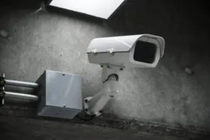 A white, outdoor-style CCTV camera mounted on a textured gray concrete wall, connected to a metal junction box, representing the equipment used for professional CCTV monitoring.