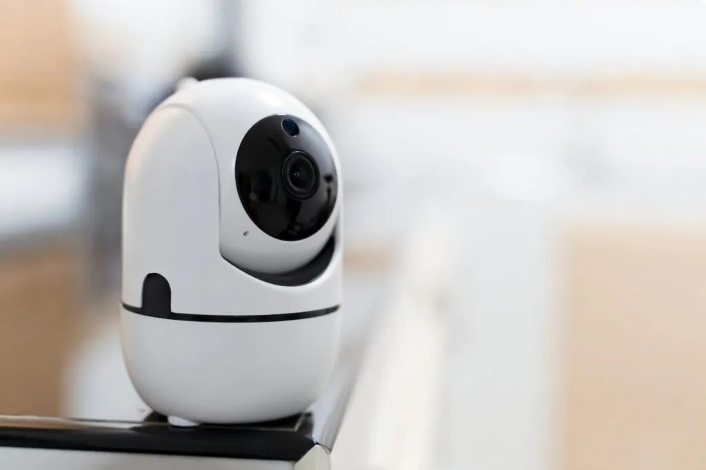 A hand gently holding a white baby monitor camera with infrared lights visible, focused on a blurry image of a sleeping baby in blue in the background, illustrating the use of Nanny Cams Monitoring.