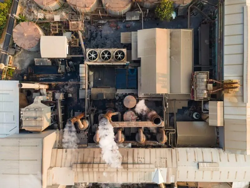 Overhead view of a sprawling industrial facility with smoke rising from pipes. Two-way audio is vital for remote safety checks.