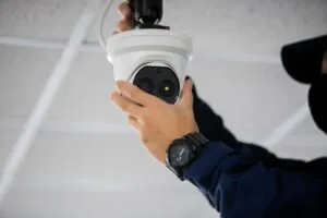 A technician's hands installing a white dome CCTV surveillance camera on a ceiling, ensuring proper setup for video surveillance services