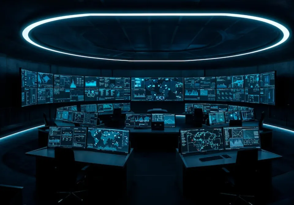 A futuristic, dark command center with a panoramic wall of monitors displaying global maps and data analytics for comprehensive surveillance and proactive CCTV surveillance