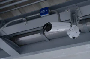 A white Huawei security camera mounted on a grey metal beam with a blue "CCTV" sign, enabling remote CCTV monitoring for quick incident response, CCTV Systems