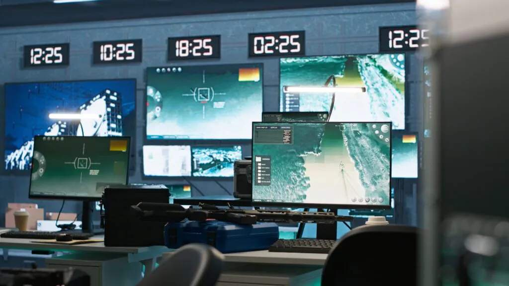 A professional security operations center displaying multiple high-definition CCTV surveillance feeds and data analytics for comprehensive surveillance