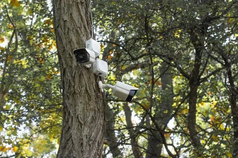 A security professional wearing a headset monitoring multiple video surveillance feeds on high-definition screens
