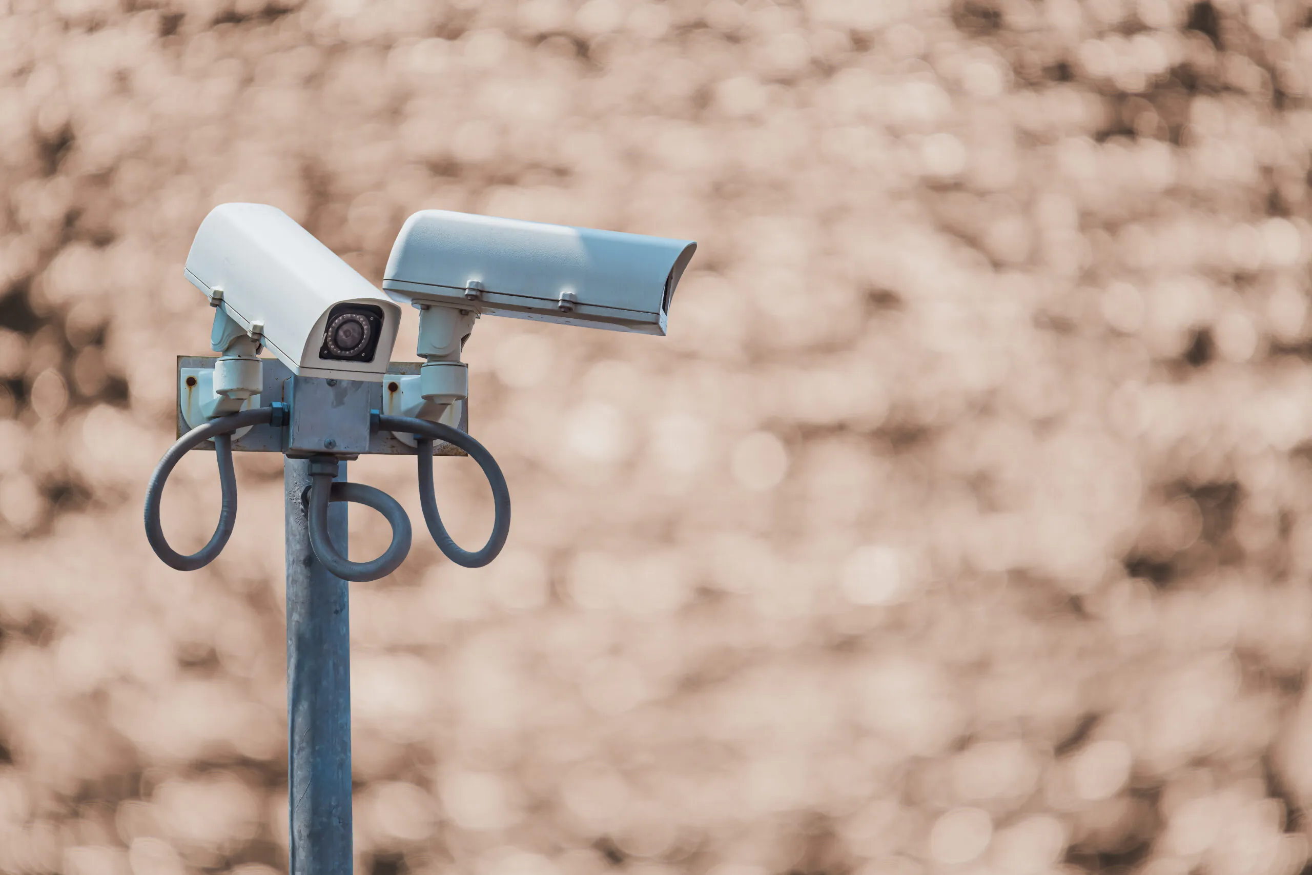 Two white bullet security cameras mounted on a metal pole against a blurred background, providing outdoor remote CCTV surveillance