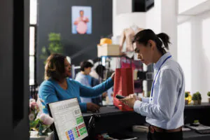 A cashier scans items for a customer at a retail counter, a scene protected by remote CCTV monitoring and small business surveillance packages