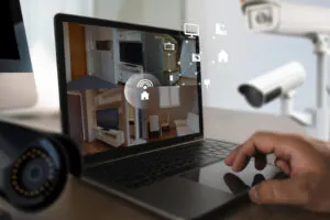 A laptop displaying a multi-grid view of live home security feeds, illustrating professional Camera Monitoring Services that provide 24/7 oversight through integrated CCTV Camera Monitoring Services