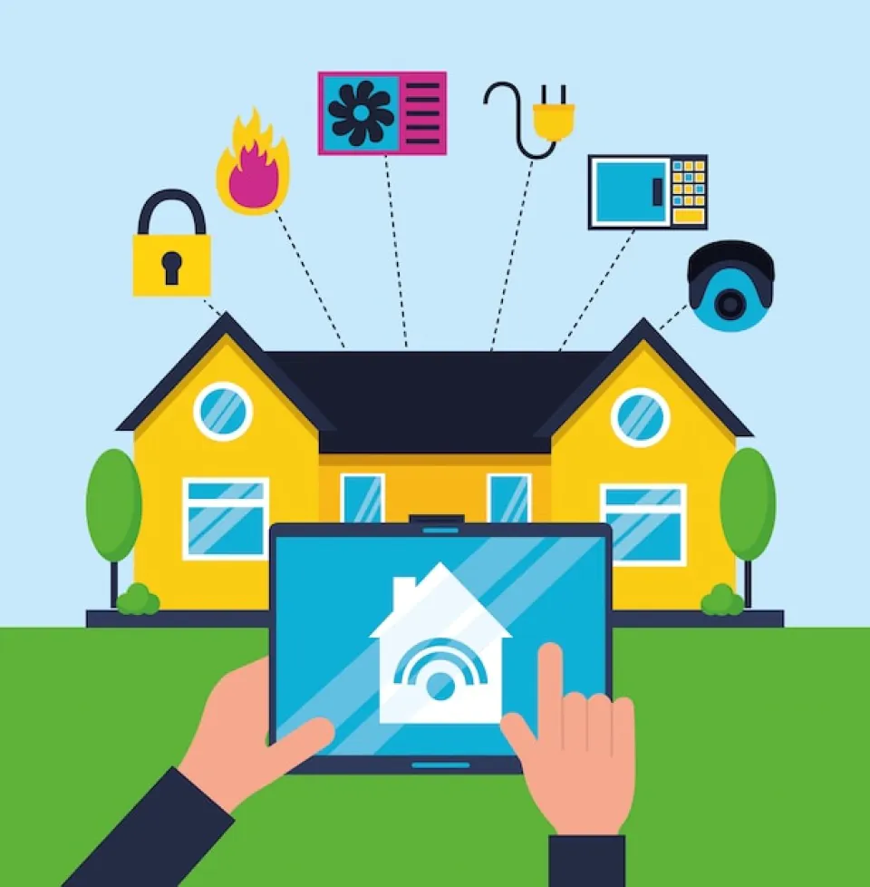 A colorful flat-style illustration of a yellow house connected to various security and smart home icons, representing the holistic approach of Camera Monitoring Services for 24/7 oversight