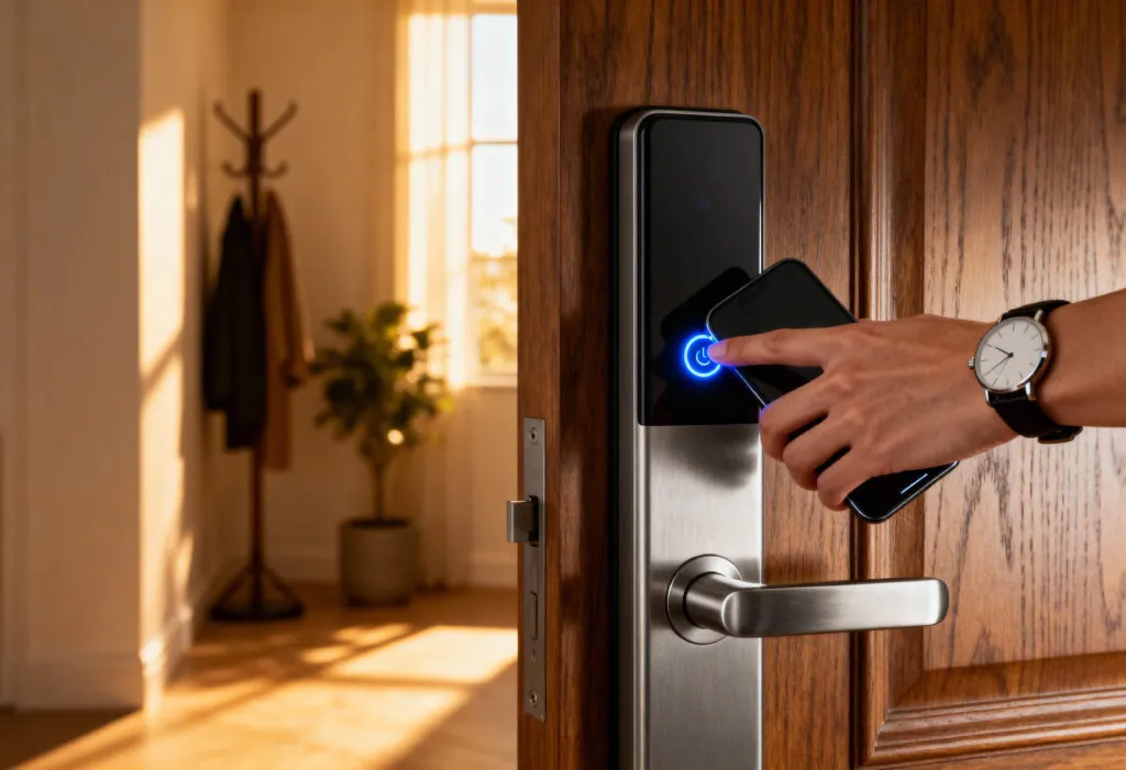 A close-up of a hand using a smartphone to unlock a smart lock on a wooden door, illustrating the access control capabilities of a modern Virtual Doorman Services system