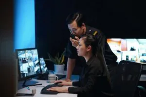 Security professionals in a control room, illustrating a business type that relies on a virtual receptionist services provider for round-the-clock phone answering