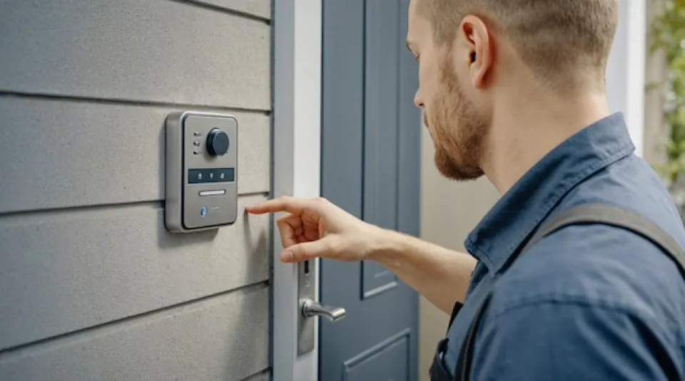 A man interacting with a silver video intercom device mounted on gray siding, demonstrating the ease of use provided by professional Virtual Doorman hardware