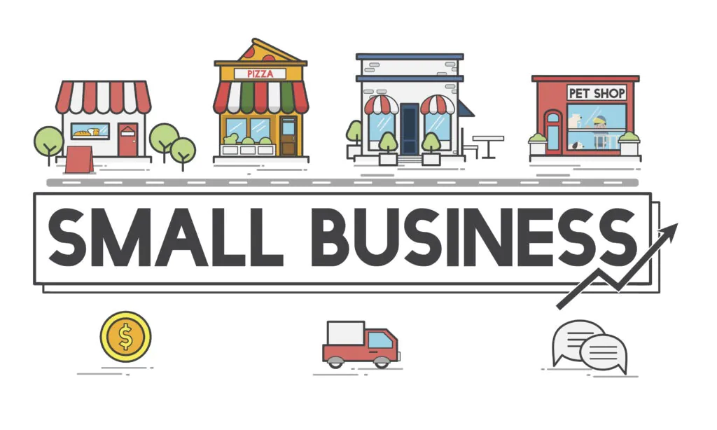 Illustration of various small business storefronts and growth icons, representing companies that benefit from hiring a virtual receptionist services provider