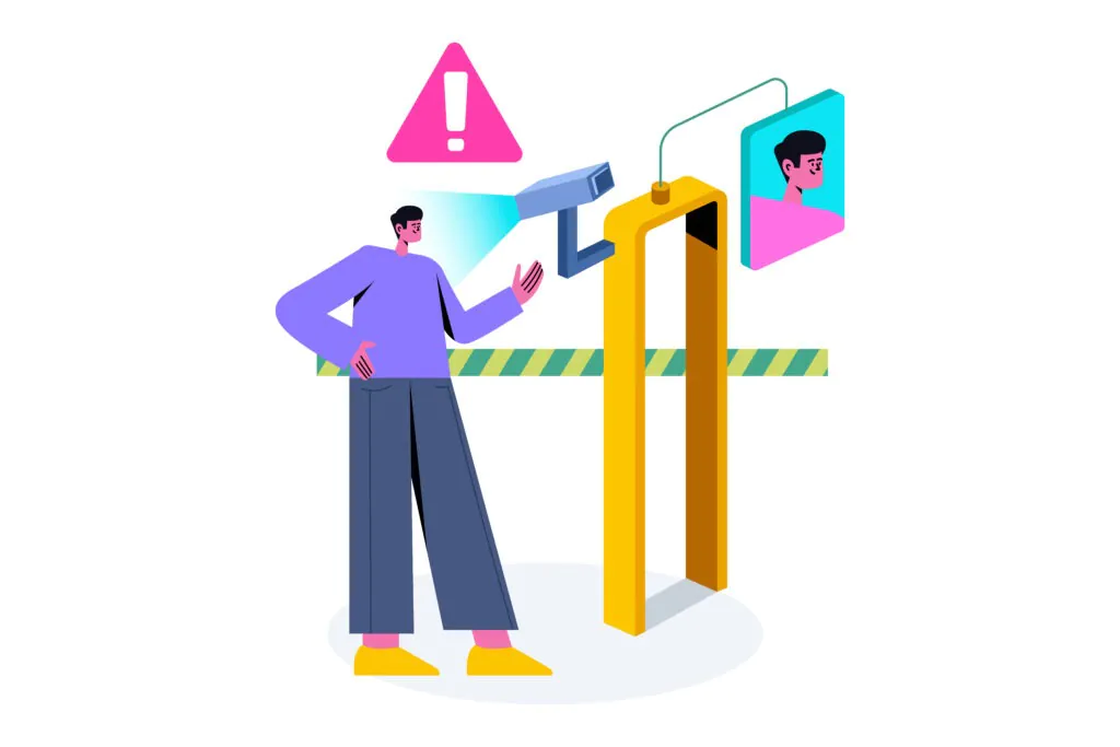 A colorful flat-style illustration showing a resident interacting with Virtual Doorman Services through a camera and a digital screen for secure access control