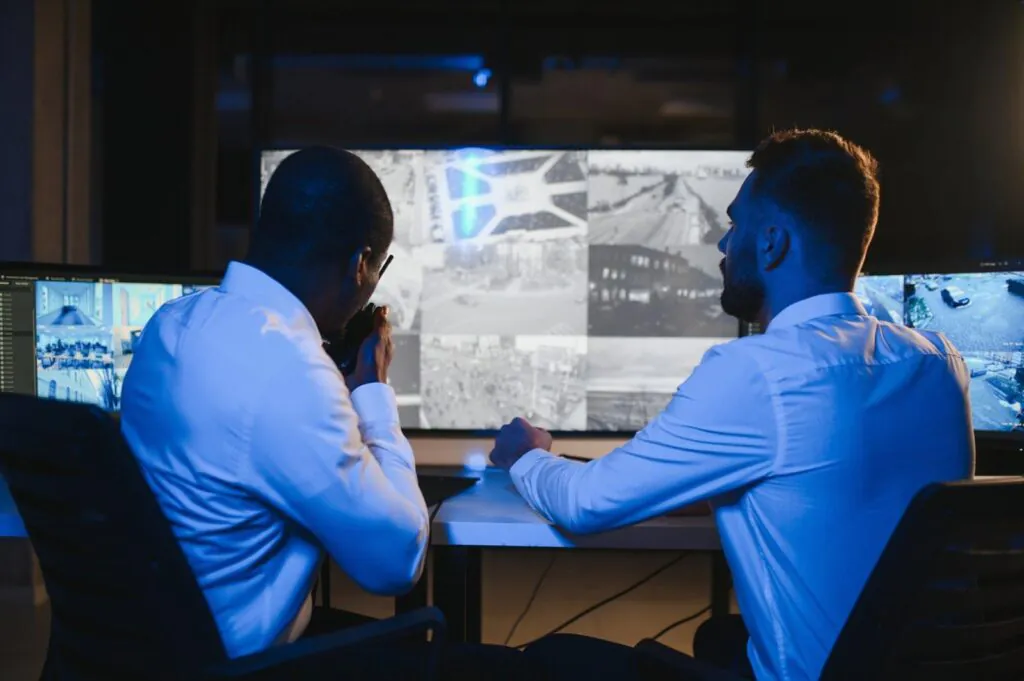 A security operator in a headset monitors multiple screens to provide virtual doorman and virtual guard services, illustrating the technology behind provider selection for property management