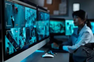A detailed close-up of a high-resolution security monitor displaying four split-screen feeds of public areas, being reviewed by an operator for active CCTV Monitoring