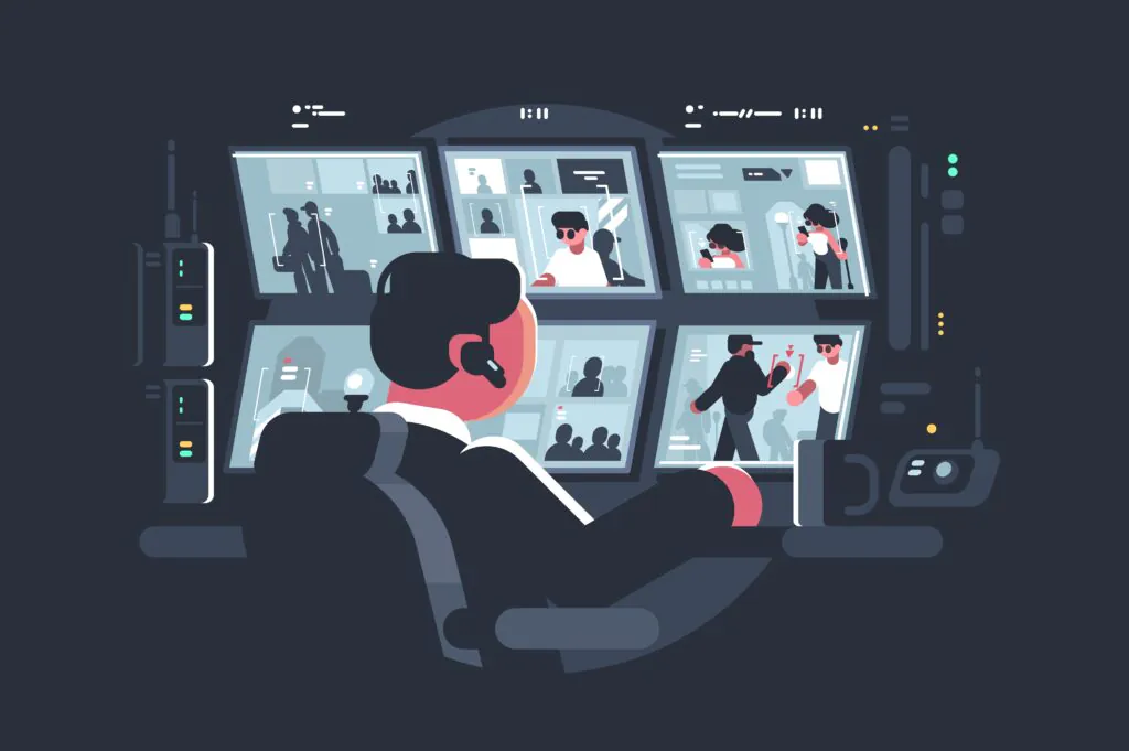 An urban video surveillance interface illustration showing digital tracking boxes and icons over a crowd of people in a city park CCTV Systems