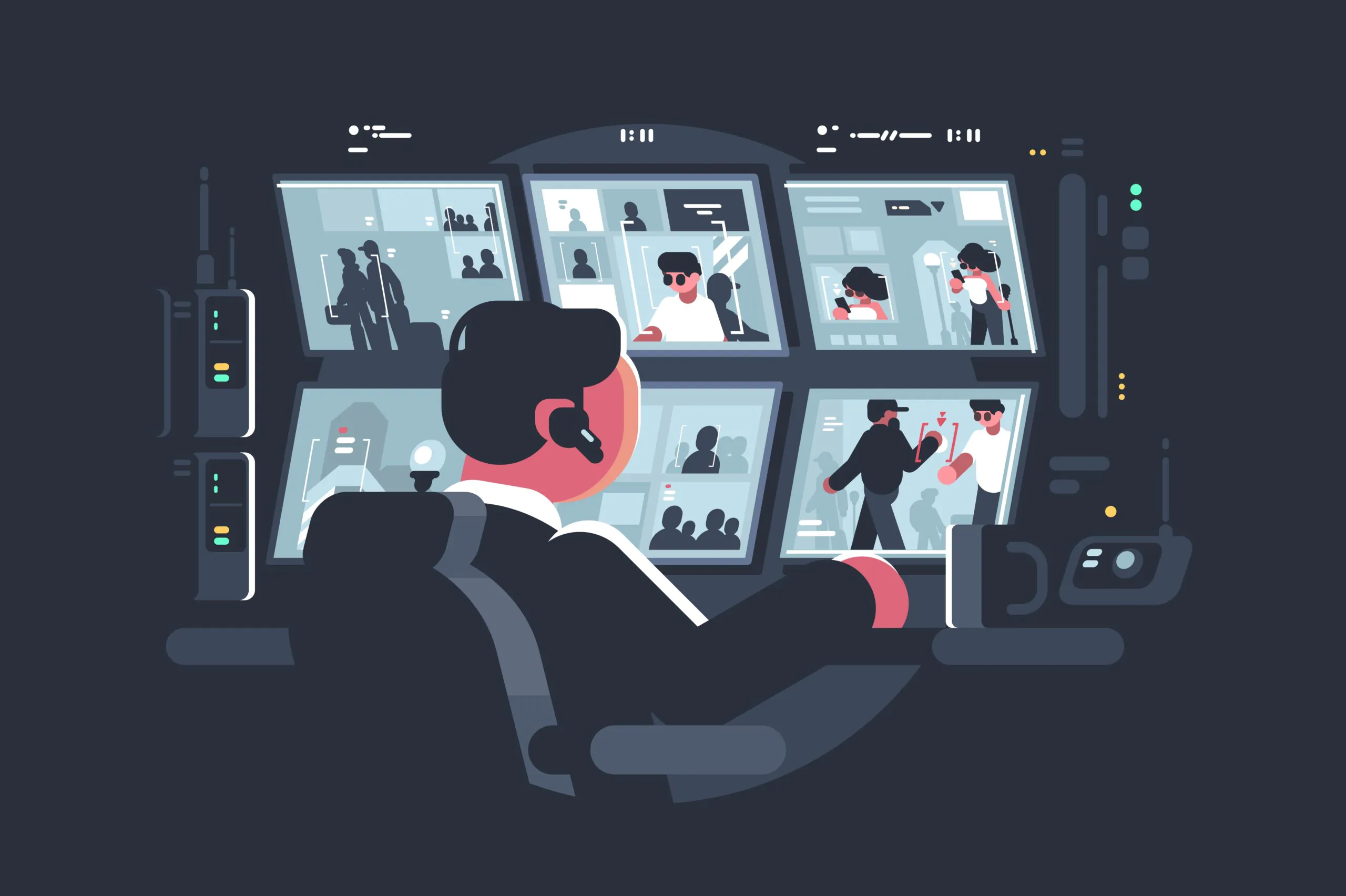 An urban video surveillance interface illustration showing digital tracking boxes and icons over a crowd of people in a city park CCTV Systems