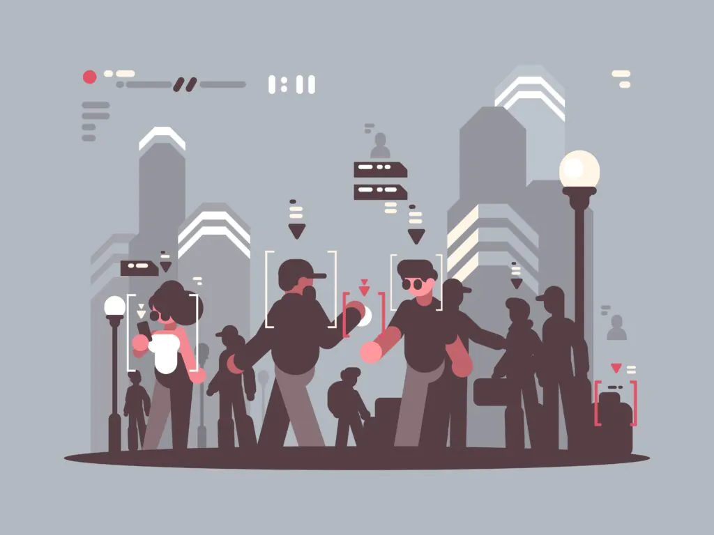 A flat-style vector illustration of a security professional in a headset monitoring a six-screen video surveillance hub in a darkened control room