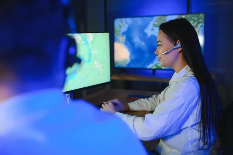 Two operators with headsets in a control room, representing a Virtual Doorman service that handles doorman services and virtual concierge tasks through remote monitoring