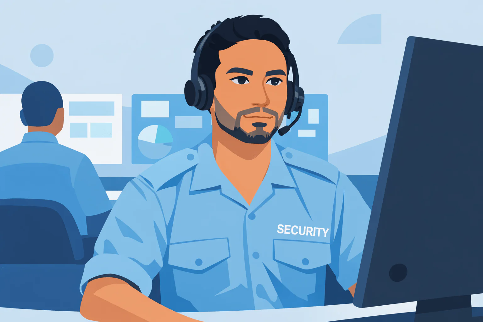 A flat-style illustration of a male security operator wearing a headset and blue uniform, acting as a Virtual Doorman to provide Virtual Receptionist Services and monitor Building Security screens