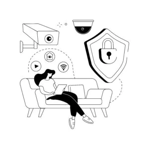 A line art illustration of a woman using a tablet on a sofa, surrounded by security camera and shield icons representing the safety and convenience of virtual doorman services and remote doorman services