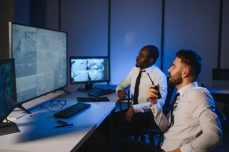 Two professional security operators in white shirts and ties sitting in a darkened control room, actively managing CCTV Monitoring Services while looking at multiple surveillance screens