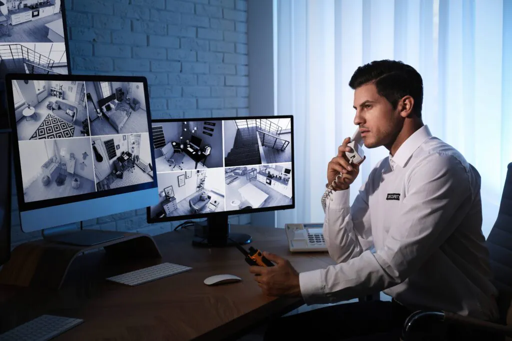 A professional CCTV Monitoring Operator in a white shirt and "SECURITY" patch handles a phone call and a radio while monitoring multiple surveillance screens in a modern security hub