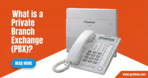 An educational graphic titled "What is a Private Branch Exchange (PBX)?" featuring a white Panasonic PABX Phone and control unit, representing modern PBX Solutions for a Business PBX