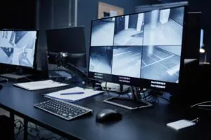 A professional security surveillance system workstation with multiple monitors displaying surveillance video feeds of parking areas, illustrating exactly why a business needs video surveillance and comprehensive surveillance services to maintain safety.