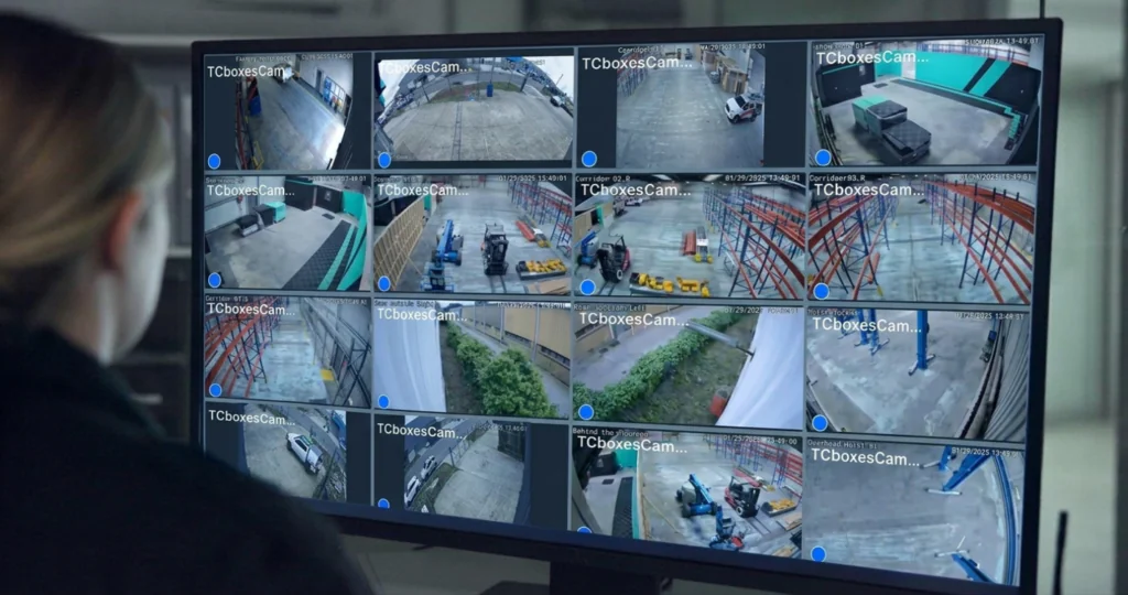 A security operator monitors a large grid of warehouse camera feeds on a desktop screen, illustrating the comprehensive coverage to expect when Choosing Virtual Doorman Services for enhanced Building Security.