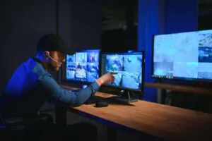 A focused security operator with a headset points urgently at a monitor displaying street feeds, illustrating the critical importance of a rapid CCTV Monitoring Response Time during active live security camera monitoring.