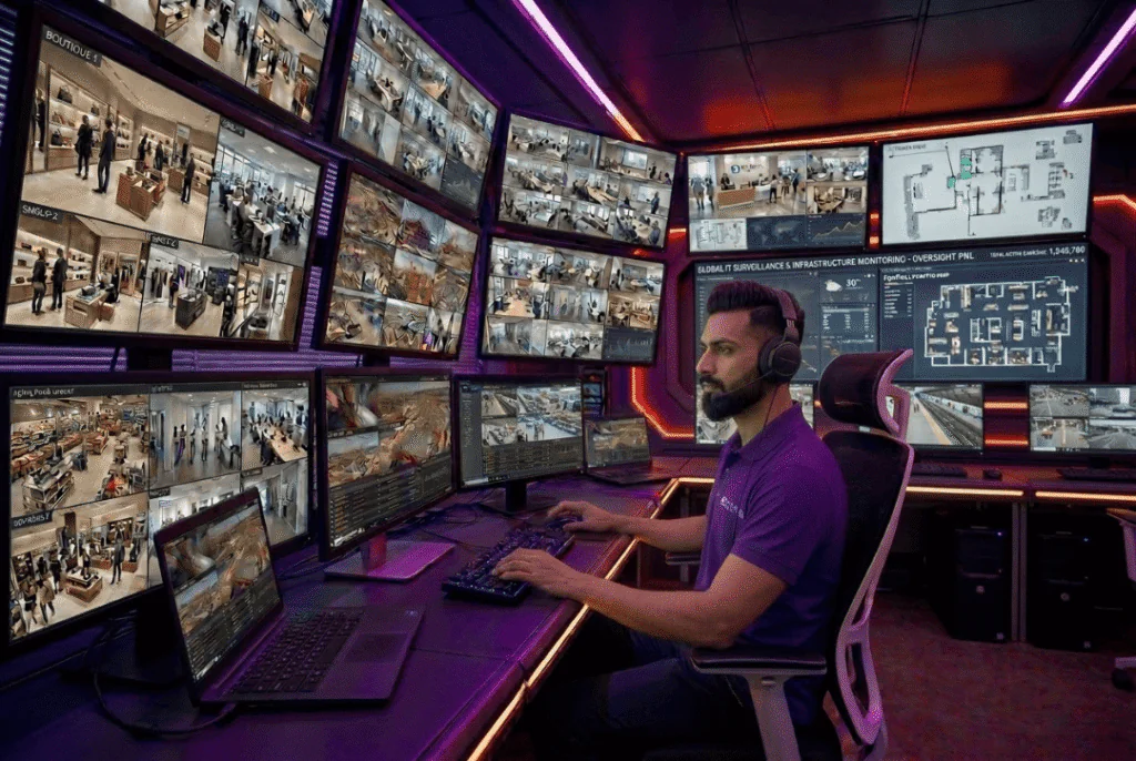 Security operator at a multi-monitor workstation conducting IT surveillance and managing a complex Camera Based Surveillance system designed for comprehensive Commercial Video Surveillance.