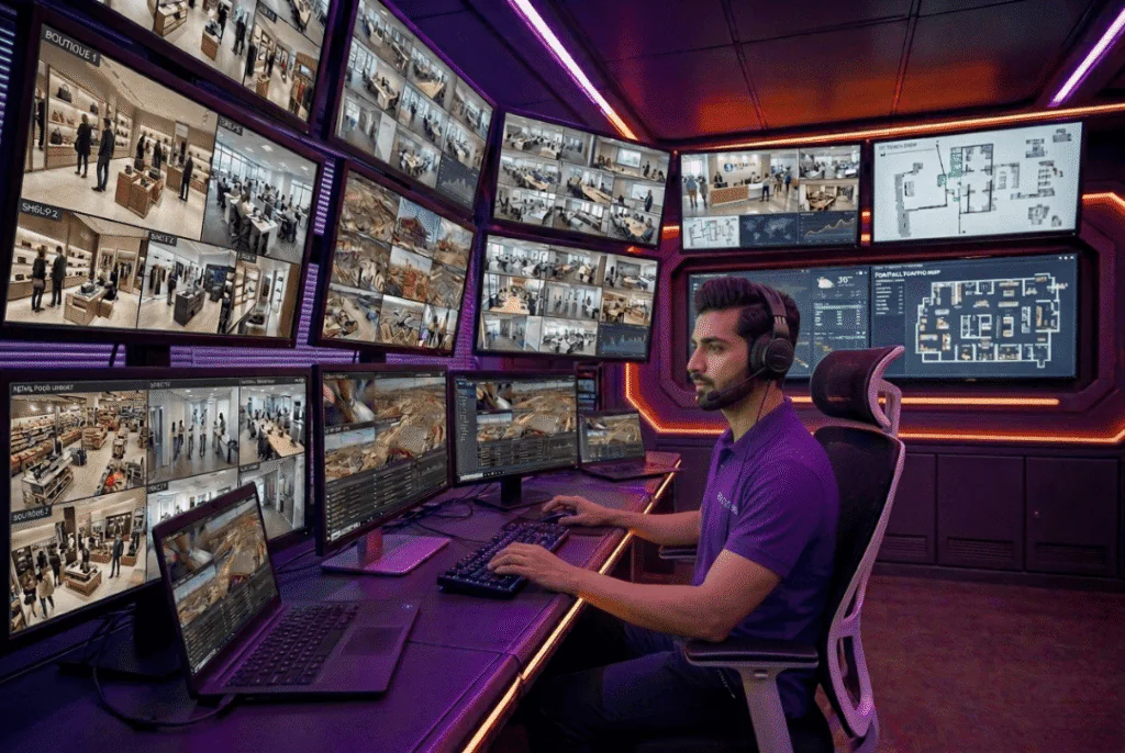 Business surveillance operator monitoring live commercial security camera feeds for a retail and office premises