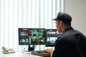 A security operator actively monitoring live video feeds, illustrating the backend command center used for Using a Virtual Doorman to manage Apartment Living and a Virtual Doorman for Offices.