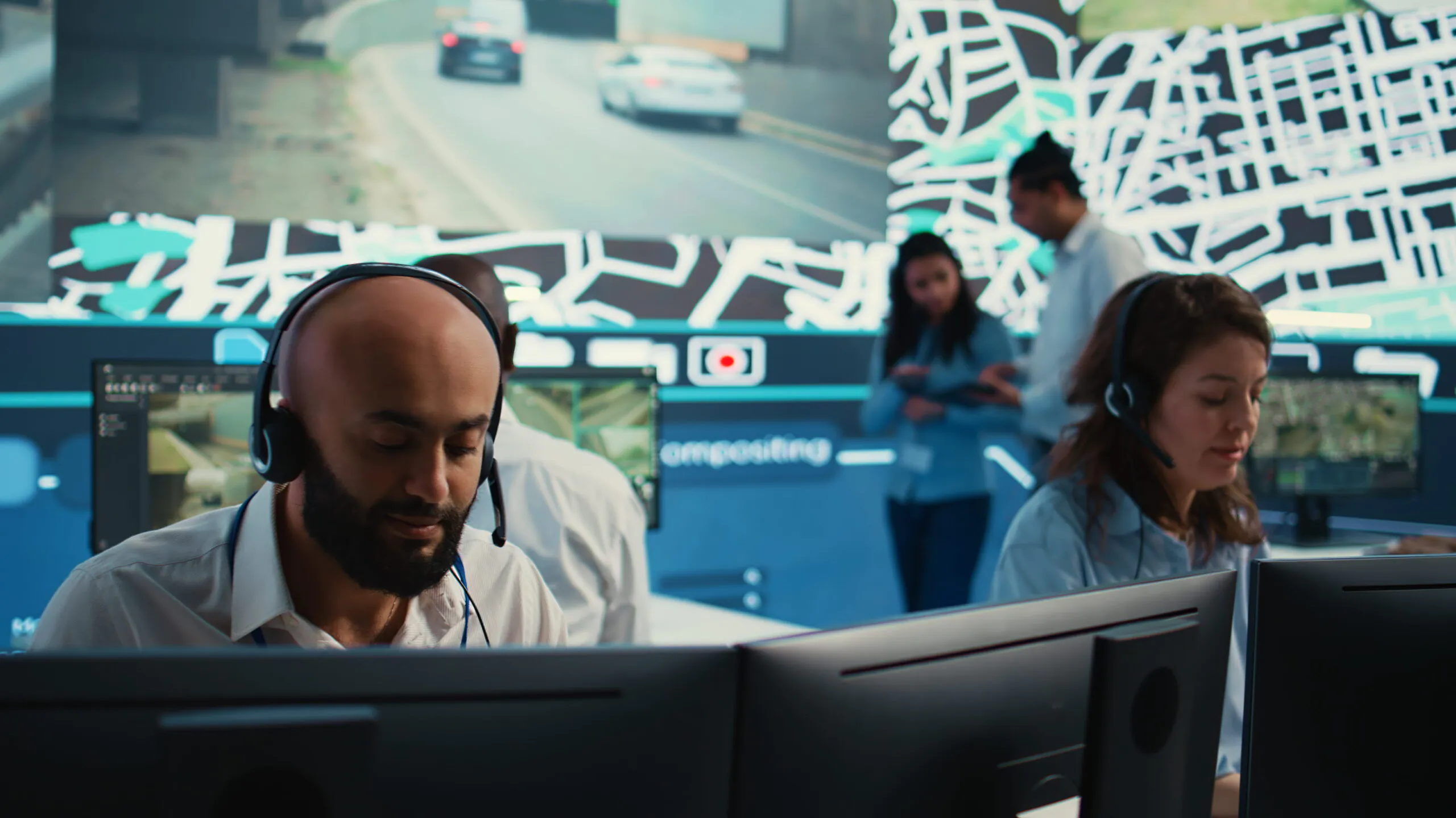 A diverse team of professionals with headsets actively managing data in a high-tech control room, highlighting the Virtual Doorman vs Traditional debate by offering a modern CCTV monitoring service as an alternative to traditional security.