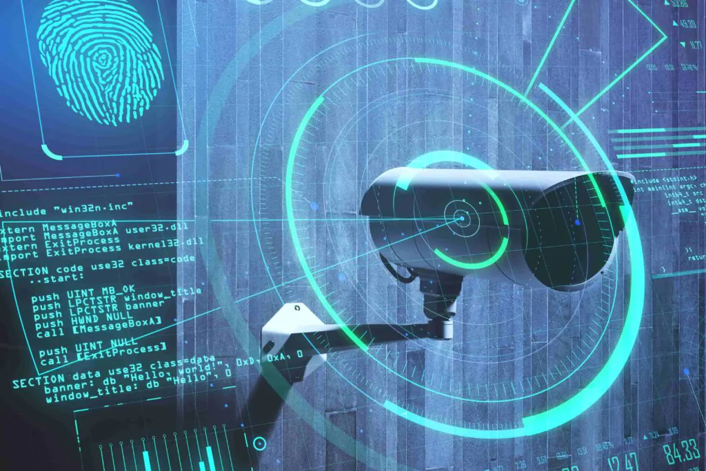 A wall-mounted security camera surrounded by glowing digital biometric and code overlays, representing highly advanced Intelligent Surveillance technology and modern intelligent surveillance solutions.
