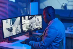 A focused security professional in a low-lit control room actively reviewing video feeds on dual monitors, representing the reliable and advanced operations of the Best Security Monitoring Company providing top-tier Security Monitoring Service and Security Surveillance.