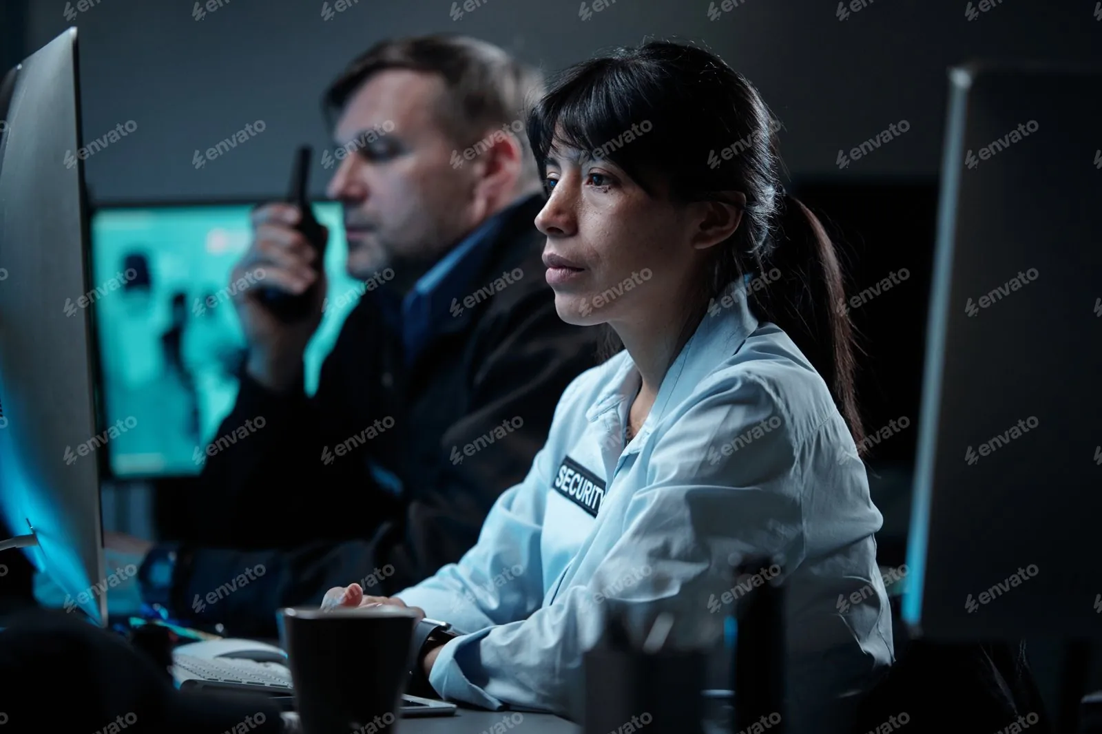 Two focused security guards in a dark control room actively managing Video Surveillance, representing the dedicated personnel and technology that determine your final CCTV Monitoring Bill.
