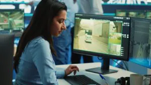 A focused female security operator reviewing live security camera monitoring feeds on a desktop monitor, highlighting the intense concentration required to avoid costly CCTV Monitoring Mistakes in commercial video surveillance and residential surveillance networks.