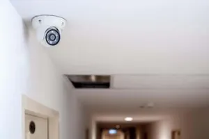 A sleek white dome security camera mounted on a bright hallway ceiling, representing the essential hardware used in CCTV Monitoring for Hospitals to ensure safe surveillance monitoring and reliable remote camera monitoring.