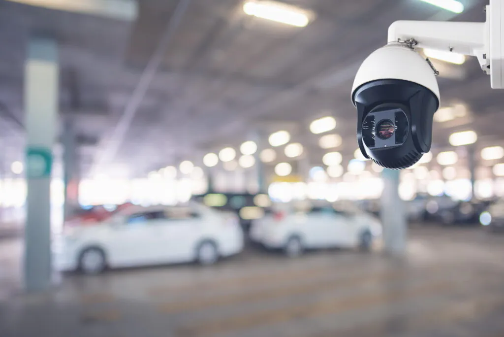 A close-up of a high-tech dome security camera providing CCTV monitoring for parking lots, ensuring safety through continuous live video monitoring and remote CCTV monitoring of vehicles in covered parking lots.