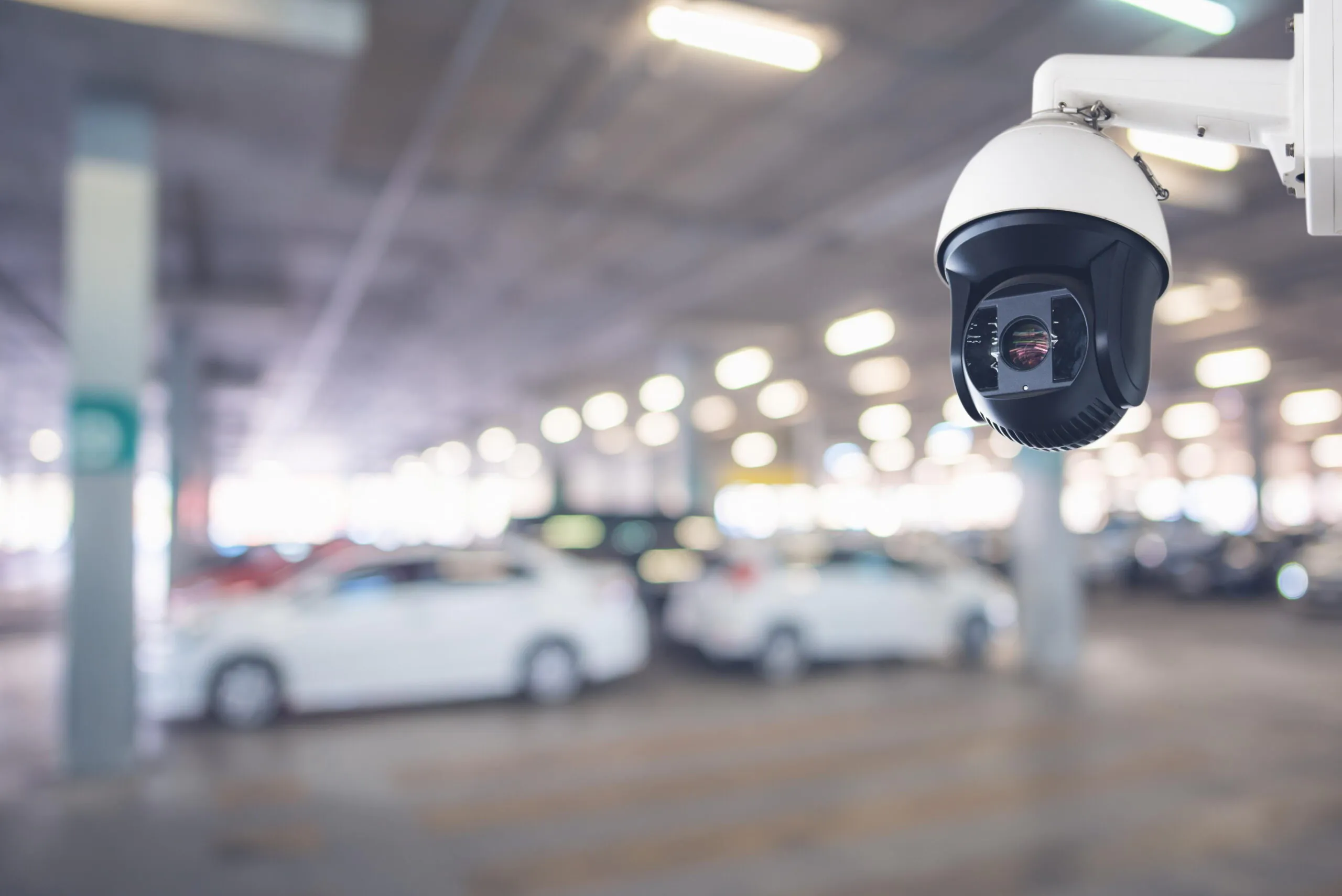 A close-up of a high-tech dome security camera providing CCTV monitoring for parking lots, ensuring safety through continuous live video monitoring and remote CCTV monitoring of vehicles in covered parking lots.