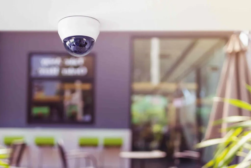 A sleek ceiling-mounted dome security camera actively providing CCTV Monitoring for Restaurants, ensuring a safe dining environment through continuous surveillance monitoring and reliable video security.