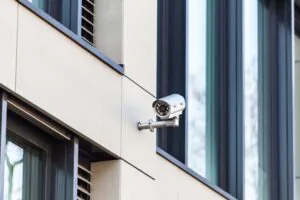A bullet-style security camera mounted on the modern exterior facade of an educational facility, demonstrating the durable hardware required for effective CCTV Monitoring for Schools and proactive surveillance monitoring.