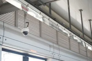 A professional dome security camera mounted securely to the high ceiling of an industrial facility, representing the durable hardware required for effective CCTV monitoring for warehouses and comprehensive commercial video surveillance.
