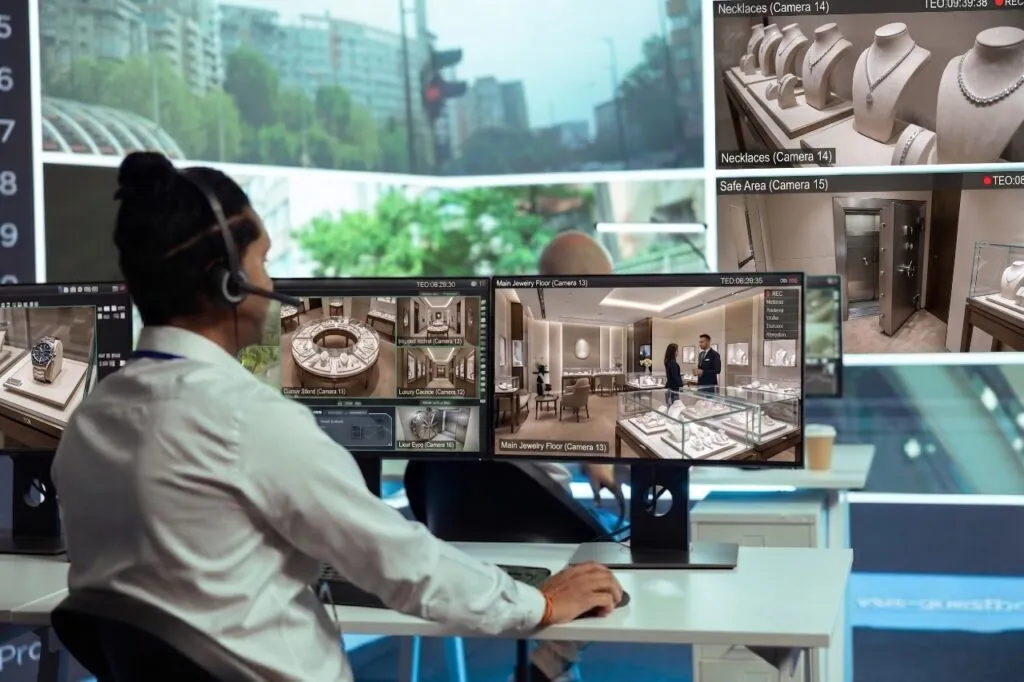 A security operator wearing a headset sits at a multi-monitor workstation actively watching live video feeds of high-value merchandise and safe rooms, highlighting the crucial role of CCTV Monitoring for Jewellery Stores in providing reliable CCTV monitoring services and active video surveillance.
