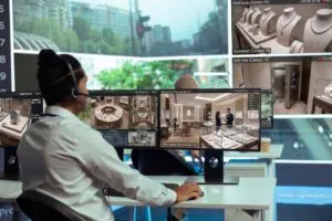 A security operator wearing a headset sits at a multi-monitor workstation actively watching live video feeds of high-value merchandise and safe rooms, highlighting the crucial role of CCTV Monitoring for Jewellery Stores in providing reliable CCTV monitoring services and active video surveillance.