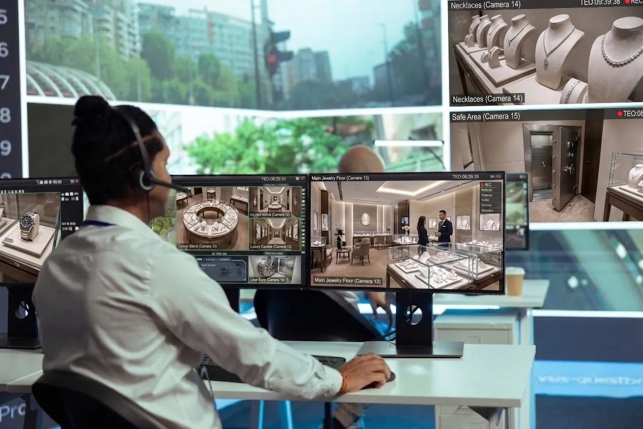 A security operator wearing a headset sits at a multi-monitor workstation actively watching live video feeds of high-value merchandise and safe rooms, highlighting the crucial role of CCTV Monitoring for Jewellery Stores in providing reliable CCTV monitoring services and active video surveillance.